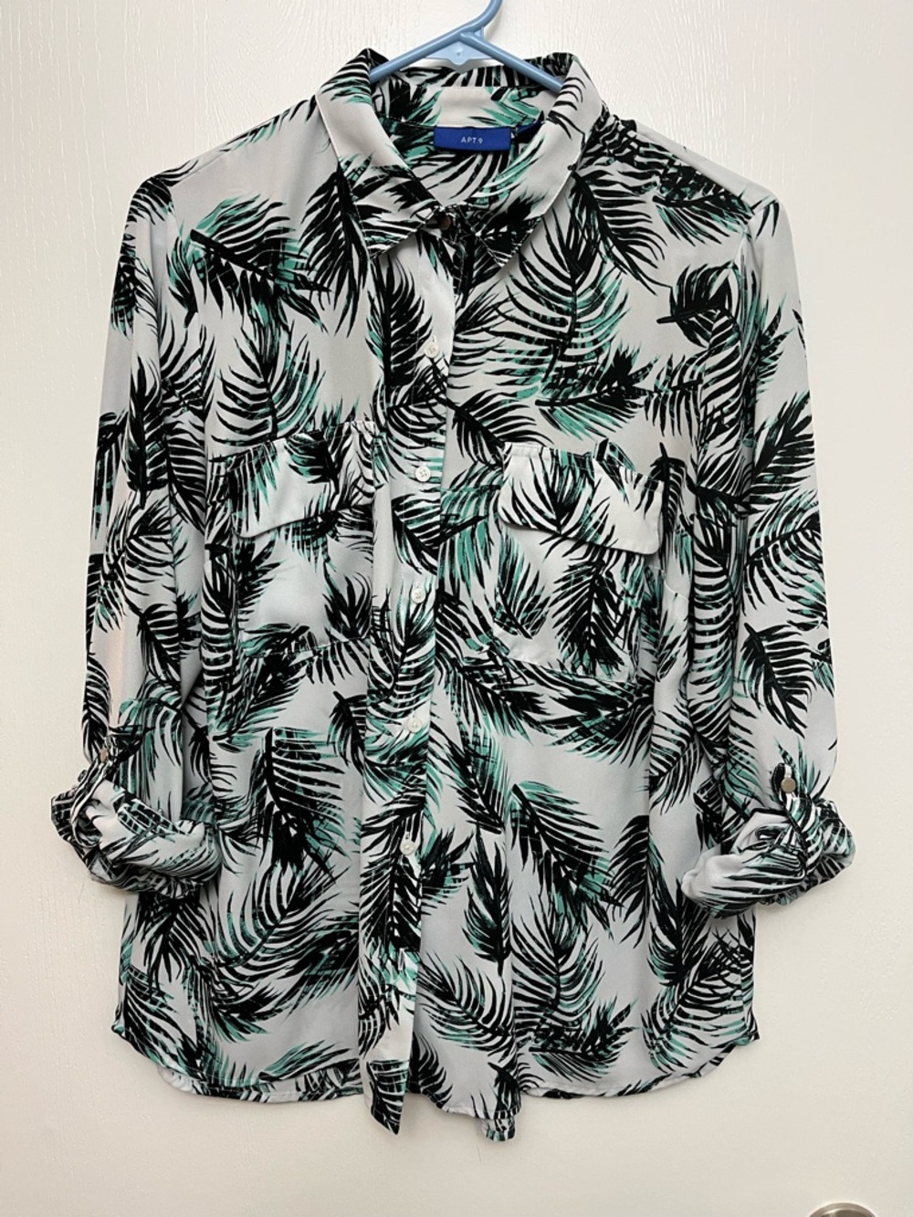Apt. 9 White Button-Front Palm Print Blouse with Black and Mint